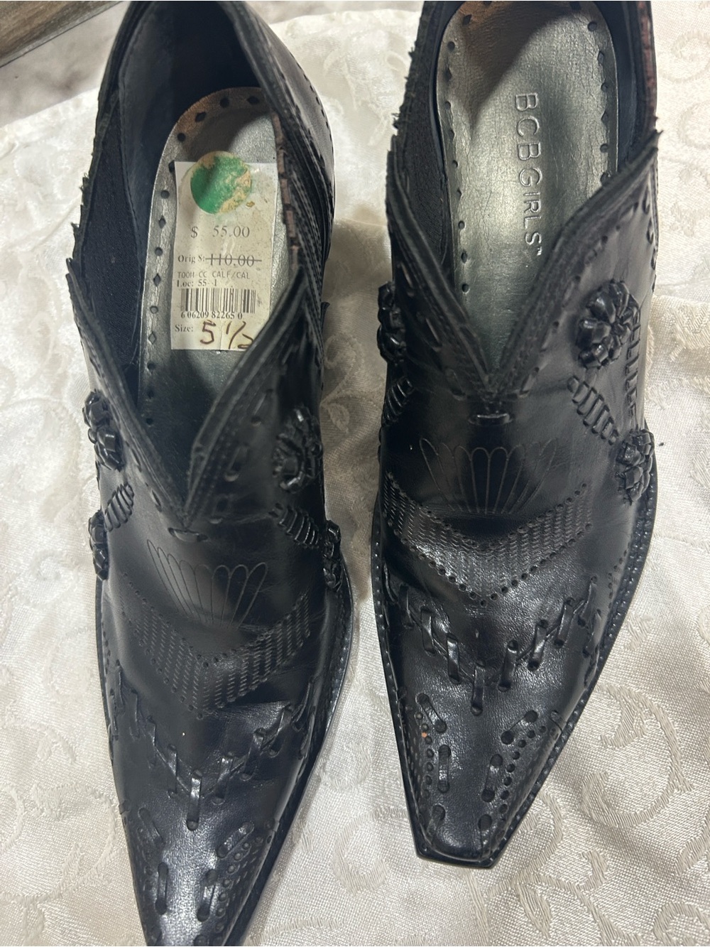 BCBGirls Black Pointed Leather Ankle Booties with Floral Stitching